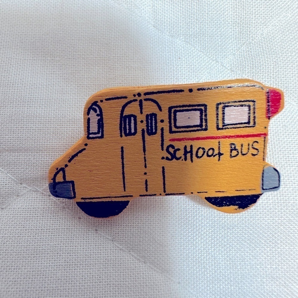 Vintage Wooden School Bus Shaped Brooch Pin